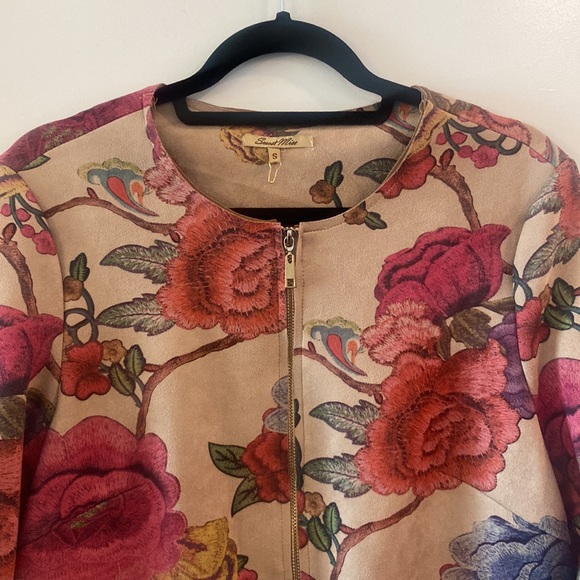 Sweet Miss Tan Floral Faux Suede Zip Up Jacket - Picture 2 of 4